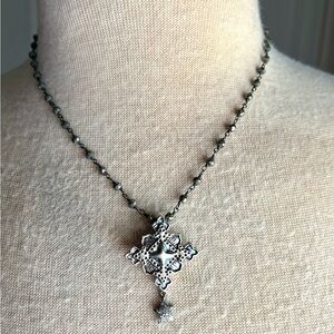 Sterling Silver Cross Pendant w Diamond Star Drop Necklace